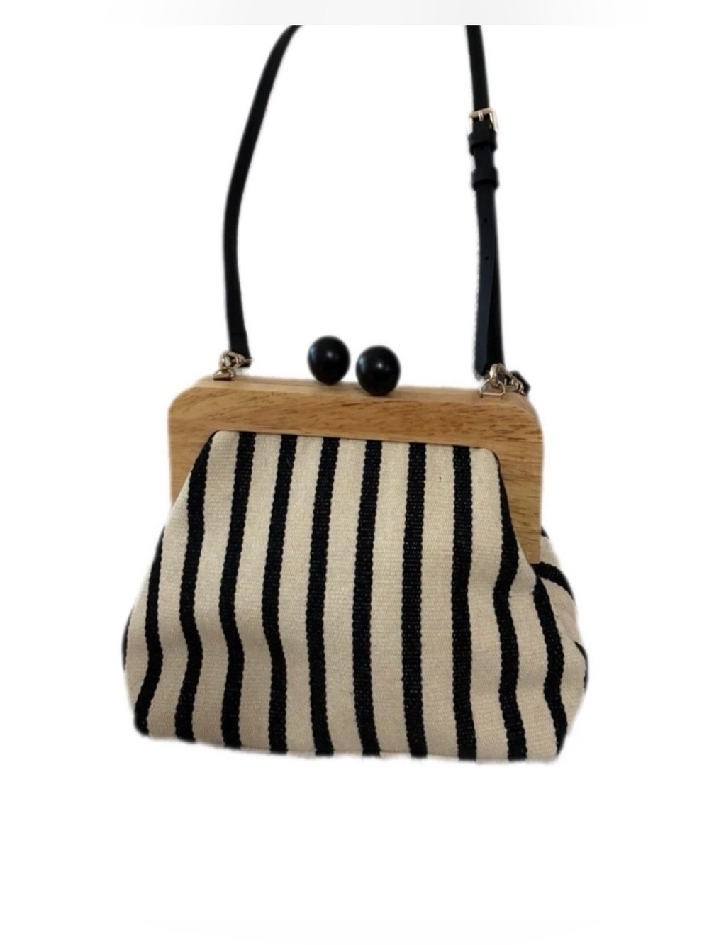 Zara Canvas Crossbody Bag, Wooden Kiss-Lock, Striped Cream & Black NWT Retail$69 - Picture 4 of 11